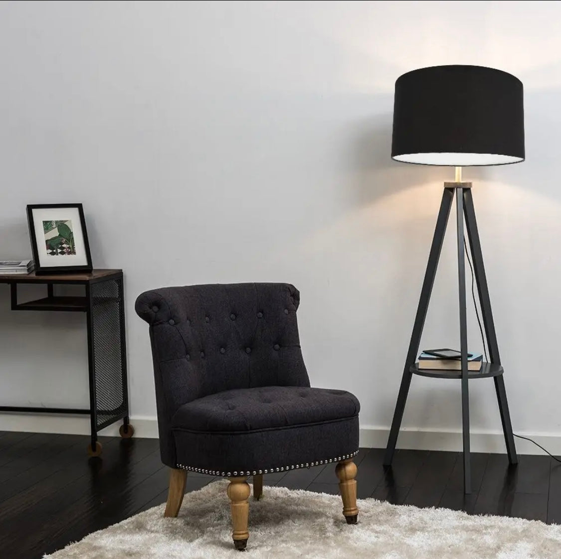 SKU : 101B - Tripod Rack wooden floor lamp dark brown color ( black shade )