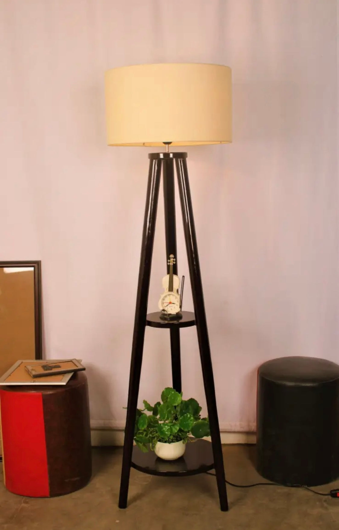 SKU : 101c - Tripod double Rack wooden floor lamp