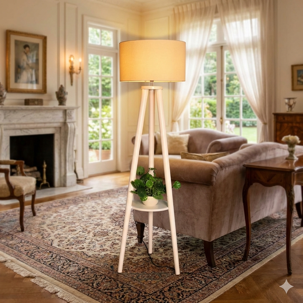 SKU : 101(g)- Tripod Rack wooden floor lamp (White)