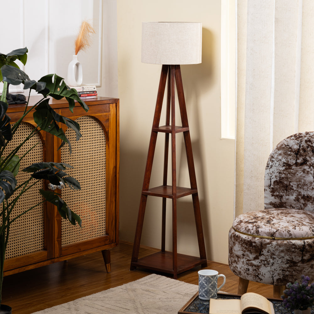 SKU : 101GJ- Mid-Century Tripod Floor Lamp with Shelves (Brown Color)