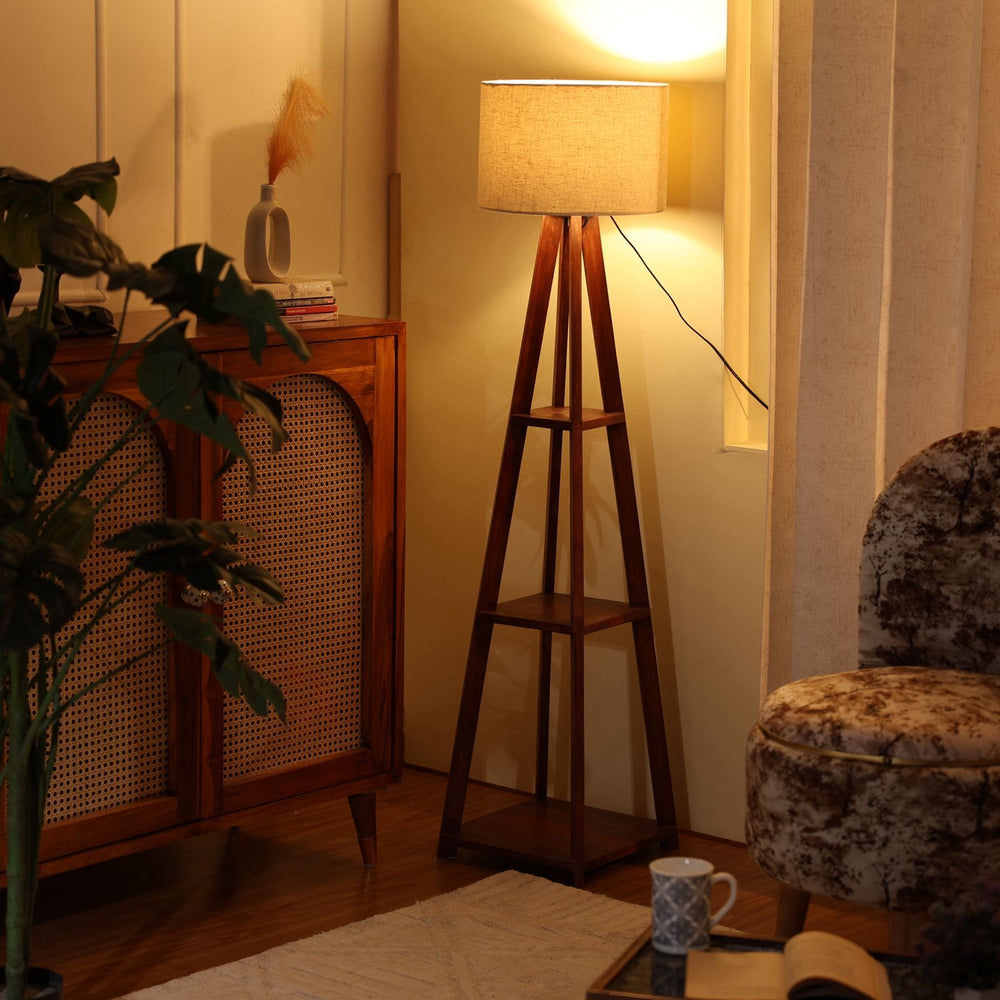 SKU : 101GJ- Mid-Century Tripod Floor Lamp with Shelves (Brown Color)