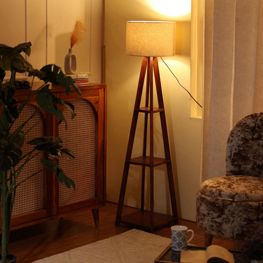 SKU : 101GJ- Mid-Century Tripod Floor Lamp with Shelves (Brown Color)