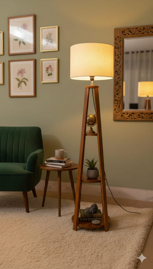 SKU : 101G- Tripod triple Rack wooden floor lamp