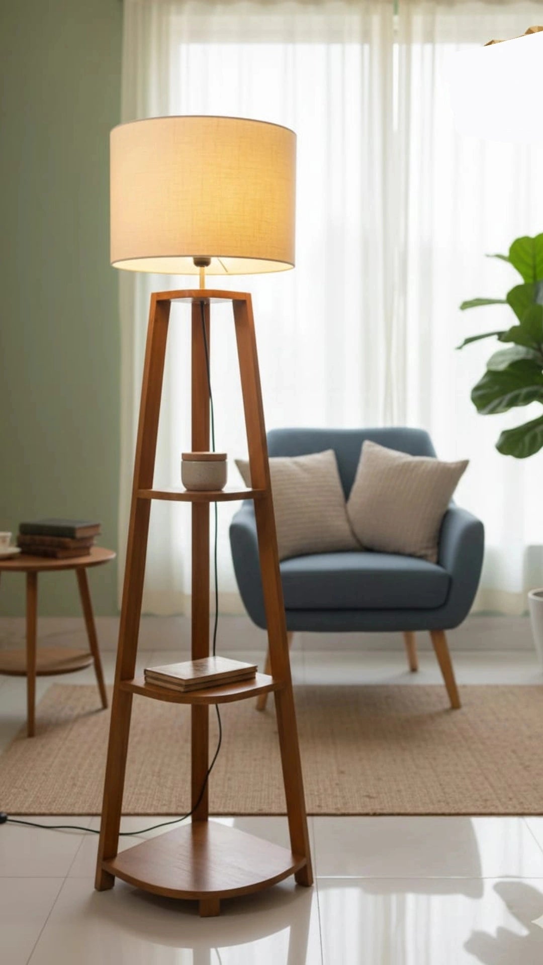 SKU : 101GG- Tripod triple Rack wooden floor lamp